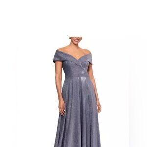 Xscape Off the Shoulder V-Neck Silver Sprakly Fit and Flare Gown Dress